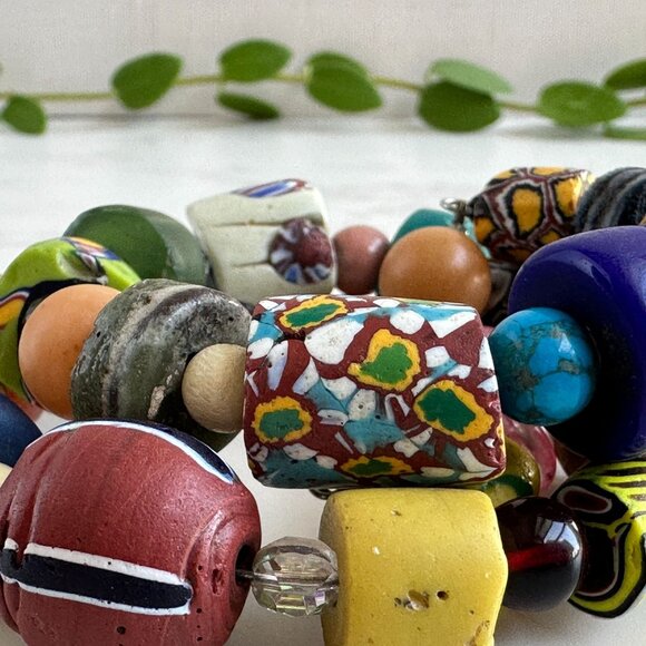 Venetian Millefiori Beads, African Trade Beads, Gemstone Memory Wire Bracelet - Picture 3 of 12